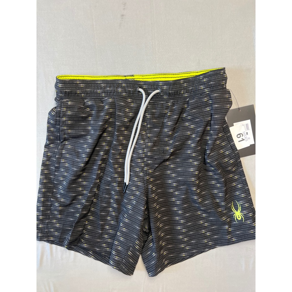 Spyder Swim Mens Board Shorts Black Neon Yellow Digital Dot Mesh Lined Medium
